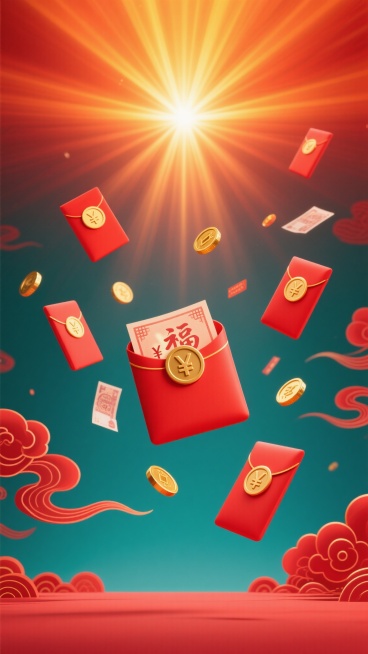 明亮喜庆的电商促销背景，整体采用中国传统红色渐变色调，从顶部的亮橙黄色光线向底部的深红色自然过渡，营造出温暖热烈、充满活力的氛围。画面中心上方有强烈的放射状光束效果，光芒四射，增强空间感和视觉冲击力。底部和四周点缀着飘逸的红色祥云图案，线条流畅柔和，具有浓厚的节日气息。空中散布着多个红色的中式红包，红包上有金色的圆形“福”字或铜钱图案，部分红包微微打开，露出里面的“¥”符号和数字，象征着优惠与……预览效果