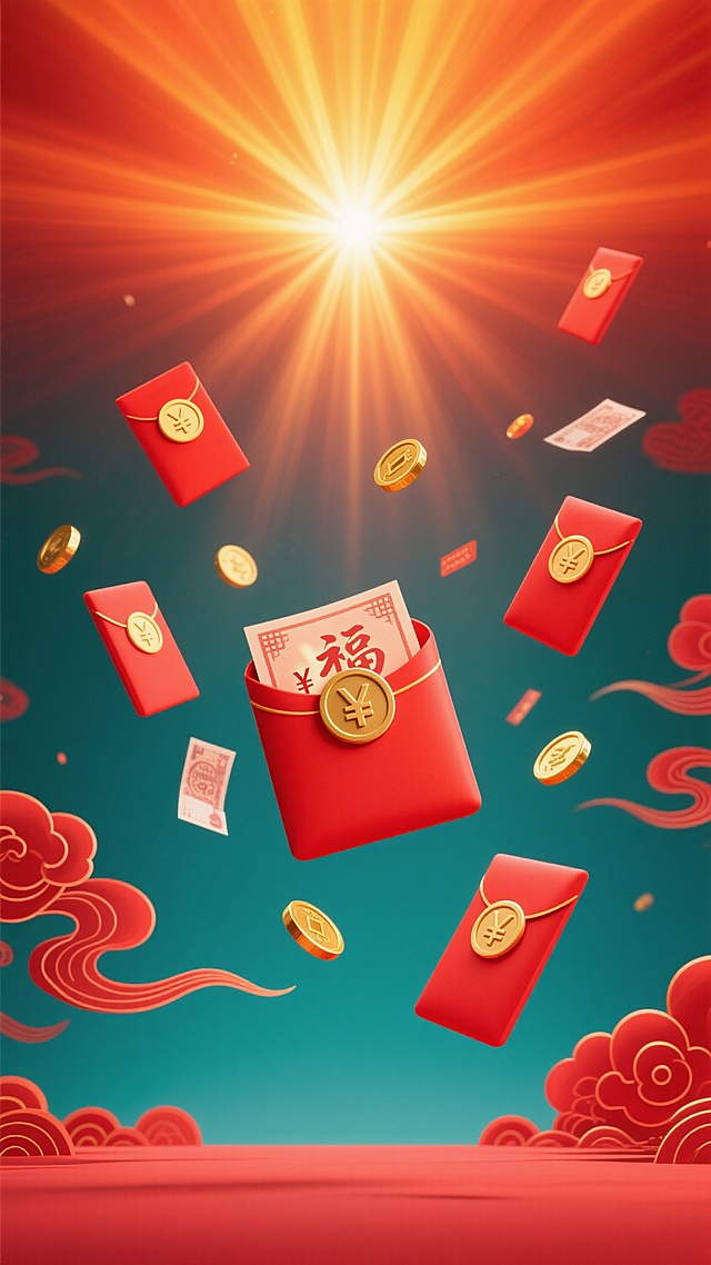 明亮喜庆的电商促销背景，整体采用中国传统红色渐变色调，从顶部的亮橙黄色光线向底部的深红色自然过渡，营造出温暖热烈、充满活力的氛围。画面中心上方有强烈的放射状光束效果，光芒四射，增强空间感和视觉冲击力。底部和四周点缀着飘逸的红色祥云图案，线条流畅柔和，具有浓厚的节日气息。空中散布着多个红色的中式红包，红包上有金色的圆形“福”字或铜钱图案，部分红包微微打开，露出里面的“¥”符号和数字，象征着优惠与财富。还有几枚金色的硬币和纸币轻盈飘落，增加了动态感和丰富度。整体构图简洁大方，视觉焦点突出，色彩鲜明和谐，光影过渡自然，适合作为电商平台的促销活动背景，传达出喜庆、优惠、抢购的氛围，激发消费者的购买欲望。