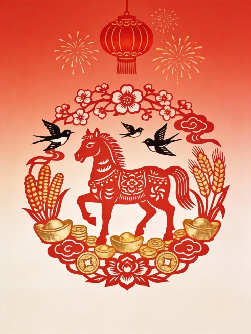 一个采用库淑兰剪纸艺术风格的设计，展现出精致的镂空工艺。一匹红色的马位于画面中心。在它周围，有代表丰收的五谷、象征财富的金元宝和钱币，还有轻柔飘浮的祥云。燕子优雅地飞翔，增添了生机，梅花绽放，寓意着坚预览效果