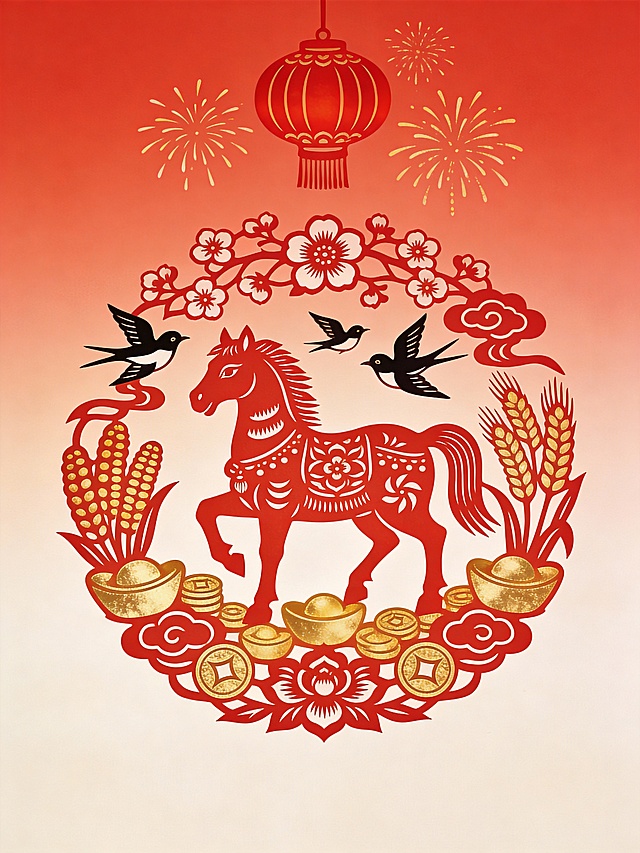 剪纸风与国潮风融合，红金配色彰显喜庆感，马年主题结合皮影元素，环绕花鸟、金元宝与灯笼。