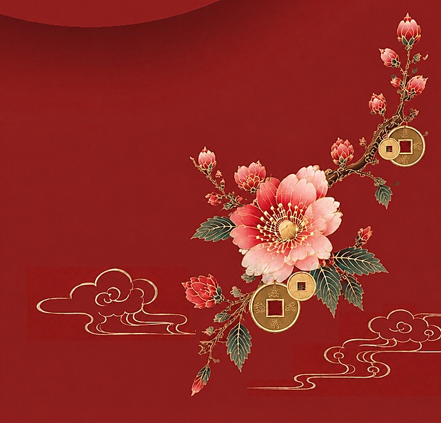 去掉图中的鸟，鸟所在的树枝和花朵区域用周围的红色背景、花枝和花朵自然补全，保持画面完整和谐；其他所有内容（红色背景、粉色花朵、绿色叶子、金色铜钱、金色祥云、树枝）全部保留不变，整体风格为国潮国风插画，精致细腻，不留鸟的痕迹