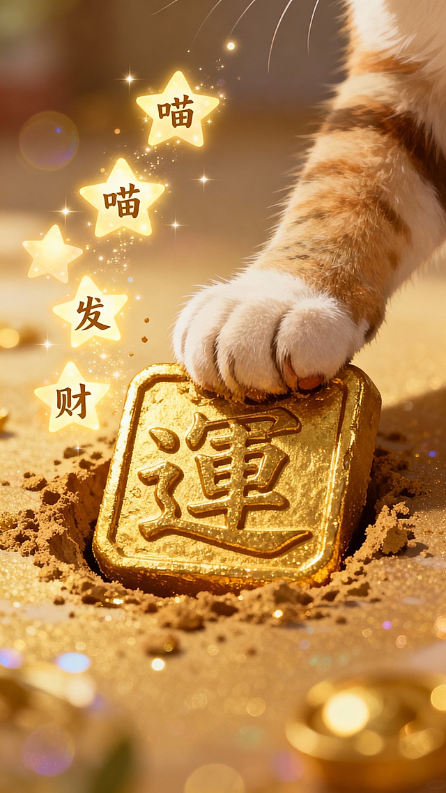 鎏金风浮雕金砖搭配猫咪萌爪，重拟物质感与梦幻光效交织，星形“喵喵发财”文字点缀，喜庆奢华中透出可爱趣味，传递新春好运祝福。