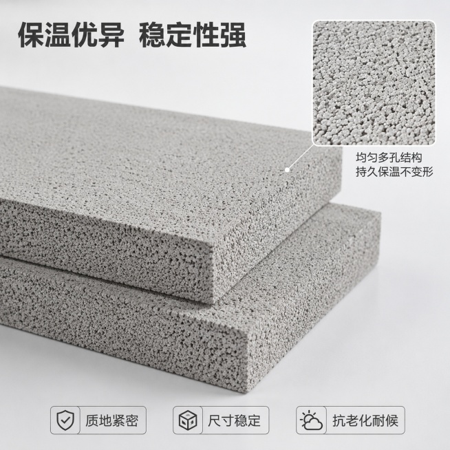 [主图-3] 热固复合聚苯板材质与工艺细节展示。
[氛围风格] 细节清晰，工艺专业，质感真实。
[画质] 商业摄影质感、光线柔和通透、产品清晰真实、画面干净高级。
[元素] 主体展示两块热固复合聚苯板预览效果