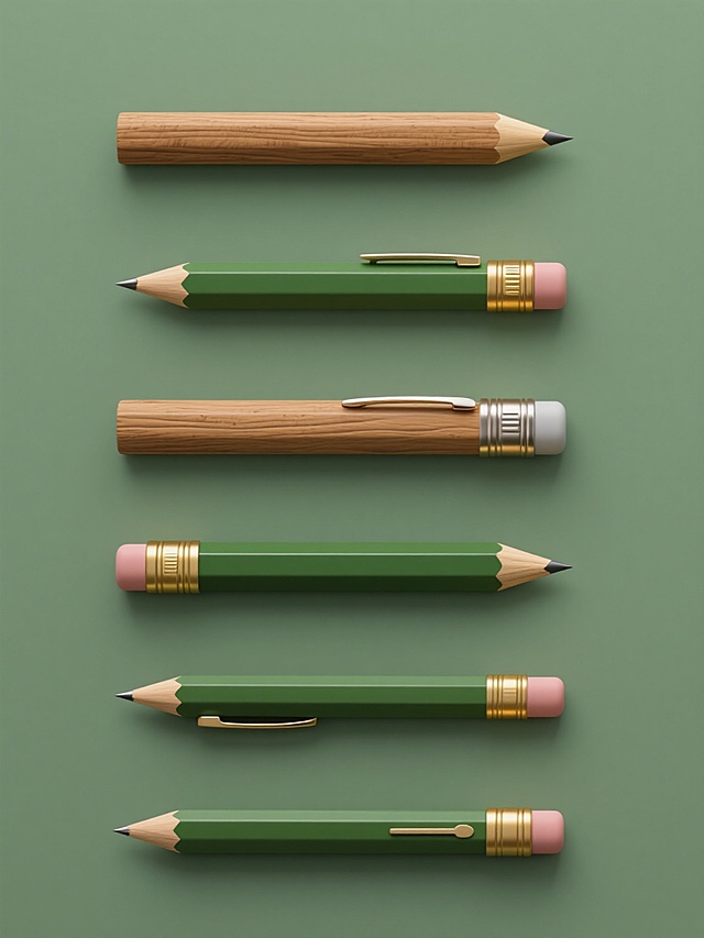 6个完全不同造型的铅笔元素系列素材集合，每个铅笔保持原始3D写实风格，具有清晰的木质纹理、金属笔尖质感和绿色笔杆配金色环状装饰的特征，整体画面变换为纯色背景，所有铅笔规整排布，形成统一的视觉层级和高效的信息传达，展现出符合办公文具宣传海报的设计感，每个铅笔造型独特，或笔尖朝上，或倾斜放置，或带有不同的装饰细节，保持整体风格的一致性和元素的多样性。