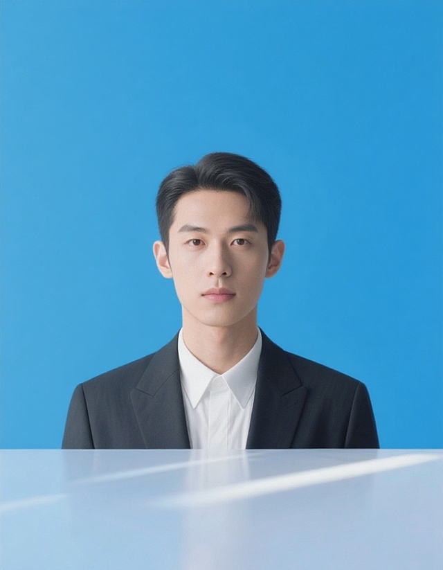 正面人像，白色背景，人物表情自然，目光正视前方，穿着正式服装，光线均匀柔和，高清证件照风格