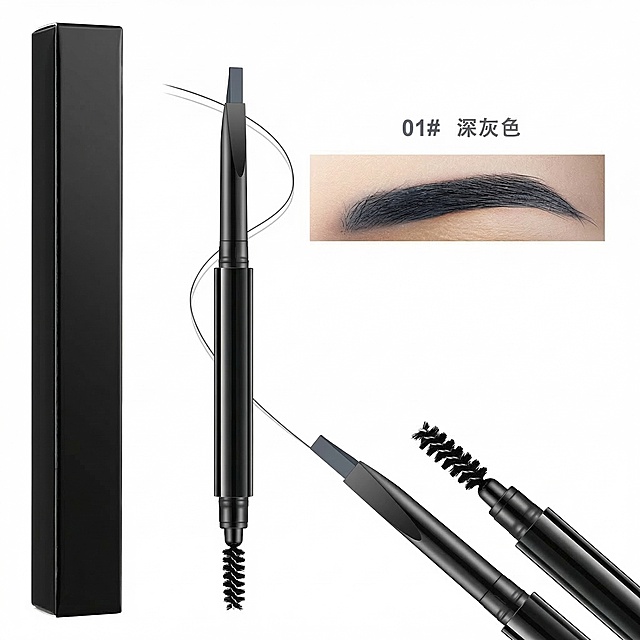 将这张眉笔图的外包装盒和笔身包材全部修改为亮黑色，笔头保持扁平形状，不要改为三角形，保留其他所有内容不变，包括01# 深灰色文字、试色图和整体构图布局