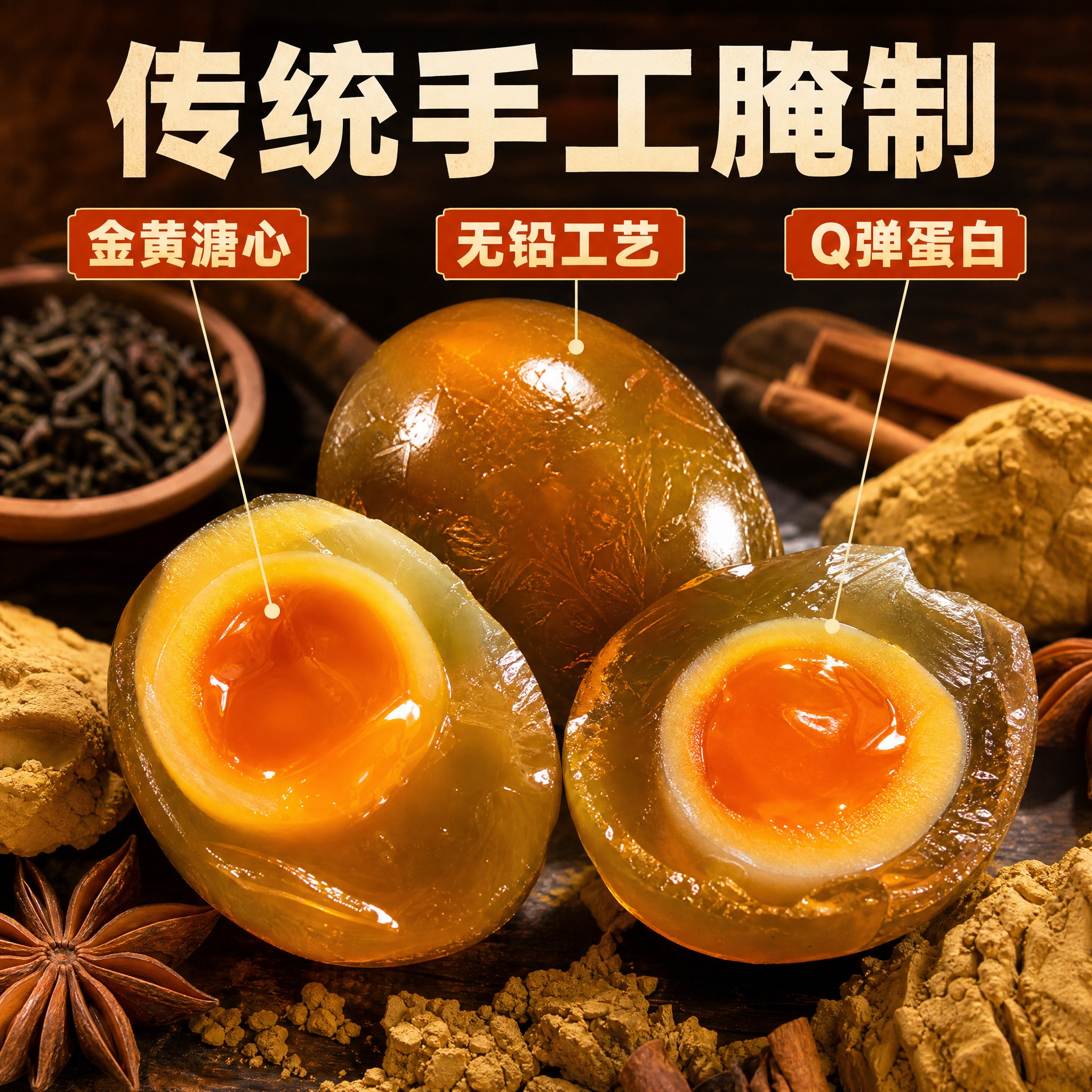 [主图-2] 黄心皮蛋细节卖点图 手工腌制工艺展示 抖音电商1… - 图片创意预览