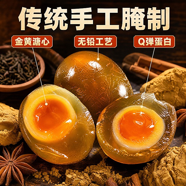 [主图-2] 黄心皮蛋细节卖点图 手工腌制工艺展示 抖音电商1:1主图
[统一基调] 暖色调食欲风 背景为浅米色木质餐桌纹理 主标题字色为深棕红色 辅助字色为暖金色 字体为粗黑体厚重有力 强调色为橙红色 整体风格高清实拍 商业美食摄影质感
[画面] 画面中央为一颗完整黄心皮蛋和两颗切开的皮蛋特写 切面微距展示溏心纹理 金黄流心细腻绵密 蛋白层次分明 呈琥珀色半透明状 皮蛋周围摆放黄泥 茶叶 八角 桂皮等腌制原料 体现传统工艺 背景为深色木质纹理 有轻微复古感 产品占画面约70% 视角为平视微俯
[光影质感] 侧逆光勾勒皮蛋轮廓 溏心部分通透发光 表面有油润光泽 底部有柔和阴影 微距质感清晰 能看到溏心的细腻纹理
[配色] 主色调暖棕金黄 背景深木色 文字米白+橙红 对比强烈有质感
[文字版式] 上方主标题"传统手工腌制" 下方用引线标注三个卖点："金黄溏心" "无铅工艺" "Q弹蛋白" 引线分别指向对应部位 文字清晰不遮挡主体
[输出要求] 1:1正方形 2K高清 产品清晰 文字清晰可读 禁止变形 错字 模糊 杂乱 水印 平台Logo 禁止夸大功效宣传