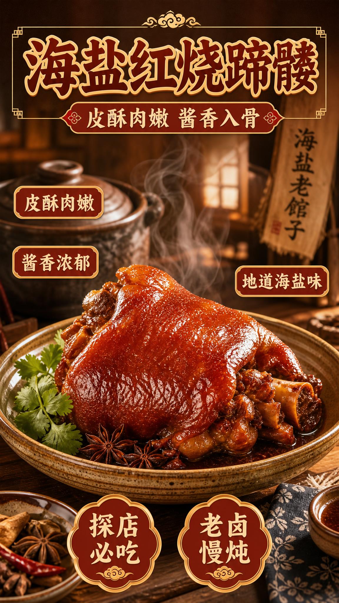 写实商业摄影风格的美食海报，画面主体是一只色泽红亮、酱香浓郁的… - 图片创意预览