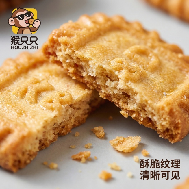[主图 3] 饼干微距纹理细节展示主图
[氛围/风格] 微距食欲感，暖调自然光，突出酥脆质感
[画面元素] 左上角放置猴只只品牌LOGO，画面中心微距特写饼干表面，放大饼干压纹和酥脆肌理，展示一块掰开预览效果