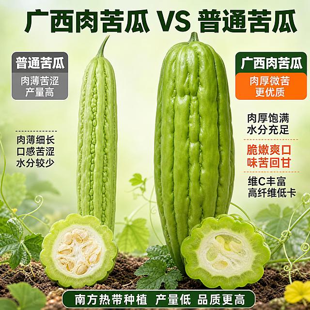 [主图-2] 主题：广西肉苦瓜与普通苦瓜对比图，突出肉厚、水分多、口感好的品质优势。
[统一基调] 淘宝/天猫生鲜食品风格，真实自然、产地直发现摘感，背景以浅绿渐变与田园元素为主，主标题用粗黑体深绿色，辅助文字用深灰或白色，强调色用暖橙红，整体清爽有食欲，不做过度滤镜美化，保留产品真实质感。
[画面] 画面采用左右对比构图，左侧为普通苦瓜，右侧为广西肉苦瓜，两者并排放置便于直观对比。广西肉苦瓜使用用户提供的真实照片，保留原本翠绿颜色、粗胖饱满、肉厚的形态，不改变外观；普通苦瓜呈现细长、肉薄的常见形态，颜色偏浅绿。两者均展示完整形态与切开的横截面特写（在各自下方放一小块切开的剖面），清晰可见广西肉苦瓜的果肉更厚、瓜瓤更少，普通苦瓜果肉薄、瓜瓤多。背景为浅淡的绿色渐变，底部点缀少量苦瓜藤叶与泥土元素，呼应产地氛围，整体干净不杂乱，突出对比主体。
[光影质感] 自然柔和的顶侧光，两只苦瓜表面有自然的明暗过渡，阴影柔和，横截面展示出果肉的真实质感与水分感，体现新鲜脆嫩，不使用生硬影棚光，整体通透真实。
[配色] 背景为浅绿到米白的渐变，主标题字色为深墨绿色，对比标签用深绿色底白字，优势卖点用暖橙色强调，普通苦瓜标注用灰色，整体色调清新健康，对比清晰。
[文字版式] 画面顶部居中主标题大字粗黑体：广西肉苦瓜 VS 普通苦瓜；左侧普通苦瓜上方标签：普通苦瓜 肉薄苦涩 产量高；左侧下方小字：肉薄细长 口感苦涩 水分较少；右侧广西肉苦瓜上方标签：广西肉苦瓜 肉厚微苦 更优质；右侧下方分三行小字：肉厚饱满 水分充足、脆嫩爽口 味苦回甘、维C丰富 高纤维低卡；底部横排一行小字强调：南方热带种植 产量低 品质更高；文字清晰不遮挡苦瓜主体，字体统一为无衬线黑体，层级分明。
[输出要求] 1:1正方形，产品清晰真实，对比直观，文字清晰可读；负向：禁止过度滤镜美化、禁止苦瓜变形变色、禁止文字错字模糊、禁止杂乱背景、禁止水印、禁止平台Logo、禁止绝对化用语、禁止虚假对比。