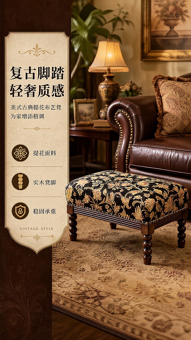 [商品] 使用【图1】美式古典布艺脚踏凳；商品处理：保留黑底金色提花面料图案、实木深棕色葫芦形凳脚、金色铆钉包边、整体长方形造型和比例；增强面料织物质感、木纹清晰度和铆钉金属光泽，不改变产品结构和颜色。
[画面] 目标：美式复古客厅场景头图，展示凳子全貌与居家氛围。构图：左文右景，左侧约1/3竖列文案区，右侧2/3为客厅生活场景；凳子放置在客厅地毯上，旁边有美式沙发一角、复古台灯、绿植和装饰画，营造温馨复古的居家氛围。主体占画面约40%，45度侧视角度，前景地毯纹理，中景凳子和沙发，后景虚化的墙面与装饰。
[视觉] 套系策略：风格=美式复古轻奢商业家居摄影；标题字=衬线粗体；正文字=简洁宋体；主色=深棕+黑金；背景延展=基于深棕和暖米色调做深浅层级、同色渐变和细腻木纹/织物质感；强调色=古铜金，仅用于小面积图标、引线和标签；标题色=深棕黑；正文色=暖灰棕；组件=复古金边信息卡、细线引线、装饰性花纹分隔线；光影=左前侧暖柔光，午后窗边自然光感。
[文字] 左侧竖列文案区：主标题"复古脚踏 轻奢质感"，副标题"美式古典提花布艺凳 为家增添格调"，亮点条3条："提花面料""实木凳脚""稳固承重"，底部加英文角标"VINTAGE STYLE"；文字不遮挡凳子主体，排版优雅有层次。
[规格] 图片比例9:16竖版，4K，避免变形、错字、文字过小、冷蓝/蓝灰背景、产品颜色改变、结构失真、现代极简风格。