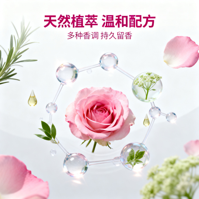 [主图 2] 香氛沐浴露核心成分展示图。
[氛围风格] 干净明亮天然植萃氛围，纯净科研感。
[画质] 商业摄影质感、光线柔和通透、产品清晰真实、画面干净高级。
[元素] 玫瑰花瓣代表天然植萃核心，画面预览效果