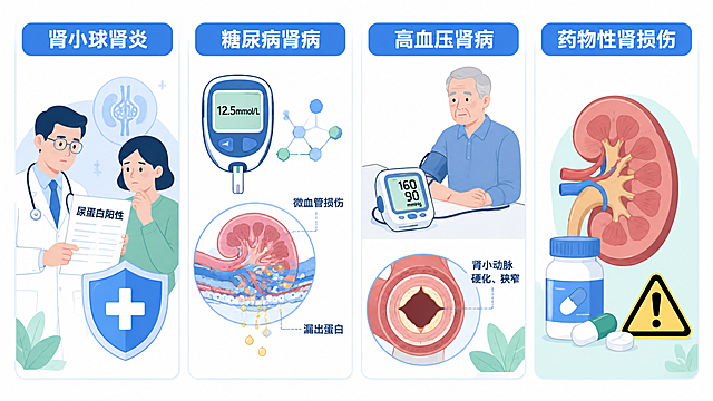 横向图片，总尺寸 2048 × 1152，医疗扁平化矢量插画，蓝白浅绿主色调，干净简约，医院宣传栏标准版式，白底背景，字体清晰易读，人物、标点符号使用正确，图片顶部不显示数字，画面布局为横向四个等宽板块。第一个板块：肾小球肾炎，医生与患者形象，表情严肃，手持尿检报告单，仅显示文字"尿蛋白阳性"，旁侧盾牌保护符号。第二个板块：糖尿病肾病，血糖仪图标，血糖仪屏幕正确显示"12.5mmol/L"，肾小球滤过膜特写示意图显示微血管损伤、漏出蛋白，配糖分子图标。第三个板块：高血压肾病，正在测血压的老人形象，血压计上面正确显示文字"160 90 mmHg"，肾小动脉横截面示意图显示硬化、狭窄。第四个板块：药物性肾损伤，正确形态的肾脏图片图标搭配药瓶与警示三角符号。整体蓝白浅绿配色，排版整齐对称，适合插入科普文章。