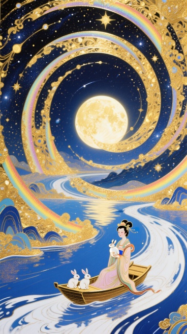 梦幻奇幻风格，全景，小船（漂浮在蓝白色河流上，船上嫦娥抱着一只玉兔，脚下还有2只小兔子）居画底部，星空漩涡从小船向四周扩散成漩涡状星空（深金色交织），中央发光满月，超现实的星空河流世界，梦幻感，色彩以预览效果