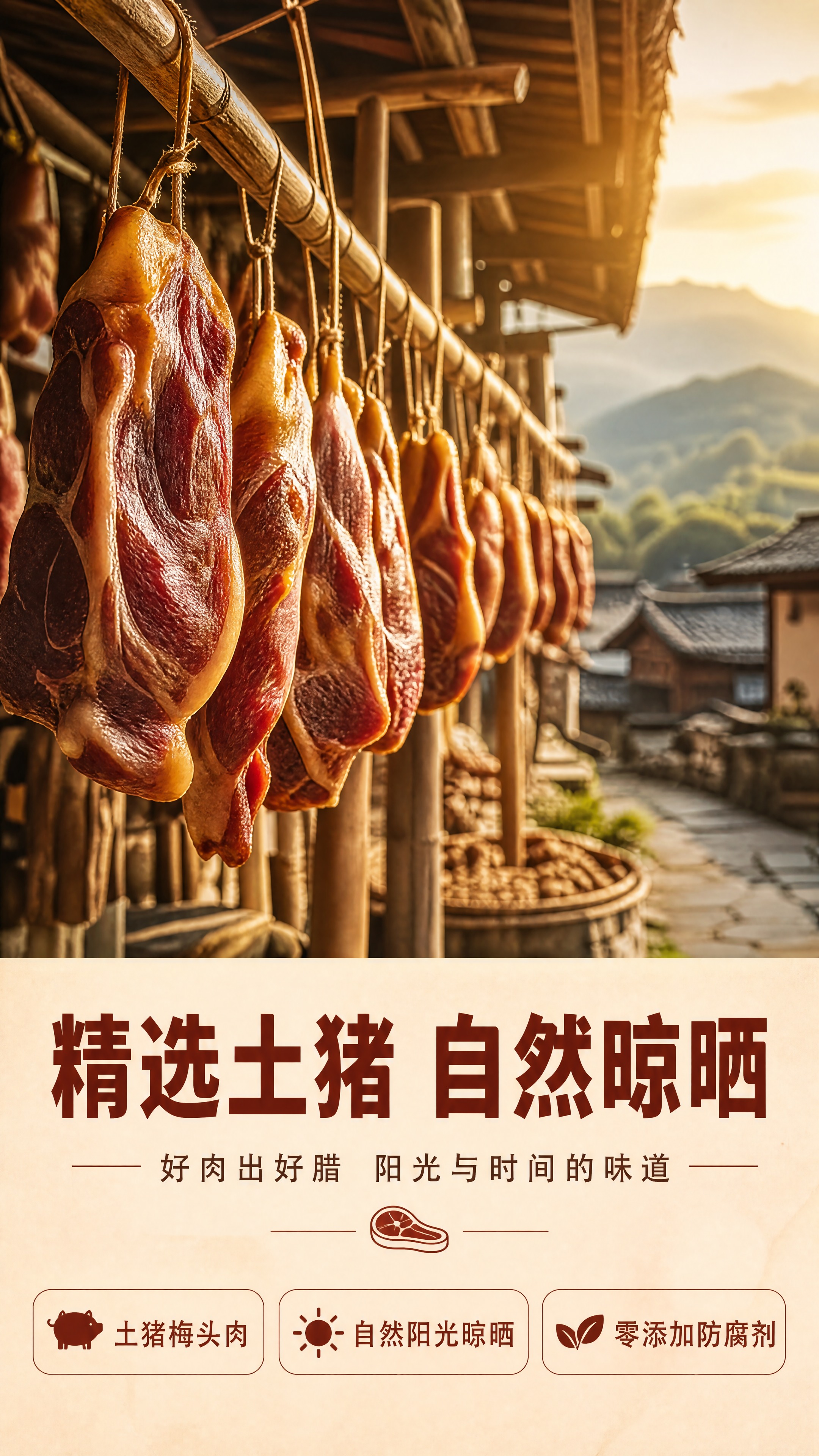 [商品] 使用【图1】生鲜猪肉为基础，改为悬挂晾晒中的腊梅头肉… - 图片创意预览