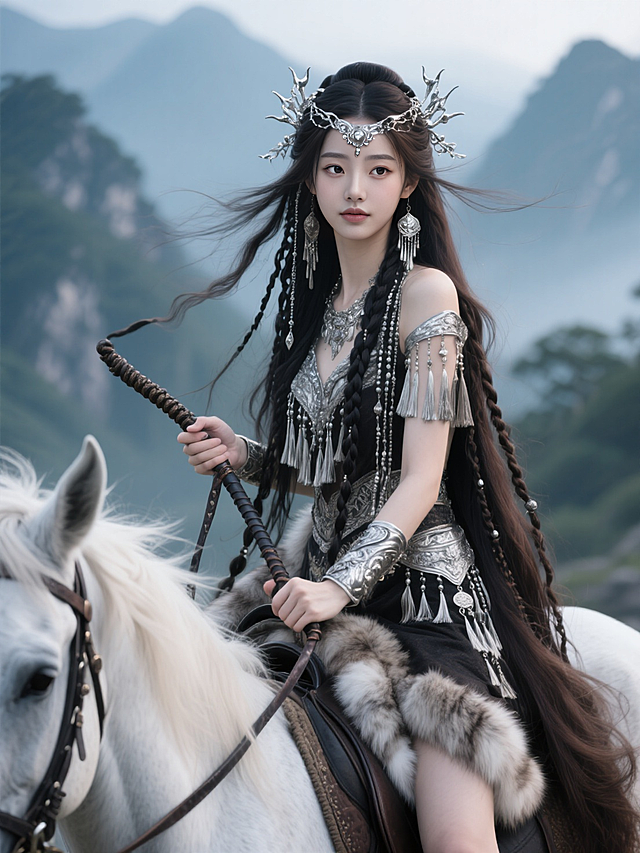 国潮风金属装饰，古典民族感骑马少女，虚拟现实唯美景致。