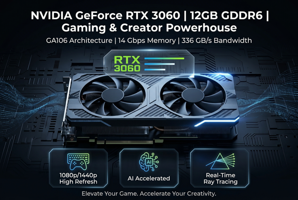 A+页面首图，主体为NVIDIA RTX 3060显卡45°斜角展示，突出双风扇碳纤维纹理，无logo，深灰黑色科技背景带微弱蓝色数据流和电路纹理，显卡上方叠加半透明性能徽章。顶部冷光打亮显卡，底部阴预览效果