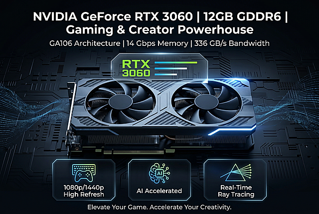 A+页面首图，主体为NVIDIA RTX 3060显卡45°斜角展示，突出双风扇碳纤维纹理，无logo，深灰黑色科技背景带微弱蓝色数据流和电路纹理，显卡上方叠加半透明性能徽章。顶部冷光打亮显卡，底部阴影增强立体感，背景渐变暗角突出主体。主标题（大字体加粗）："NVIDIA GeForce RTX 3060 | 12GB GDDR6 | Gaming & Creator Powerhouse"，副标题（中字体）："GA106 Architecture | 14 Gbps Memory | 336 GB/s Bandwidth"，三个核心卖点徽章：游戏图标配"1080p/1440p High Refresh"、AI图标配"AI Accelerated"、光追图标配"Real-Time Ray Tracing"，底部行动号召小字："Elevate Your Game. Accelerate Your Creativity."，主色调深黑深蓝，搭配品牌蓝和霓虹绿点缀，风格专业高端科技感，970*600尺寸。