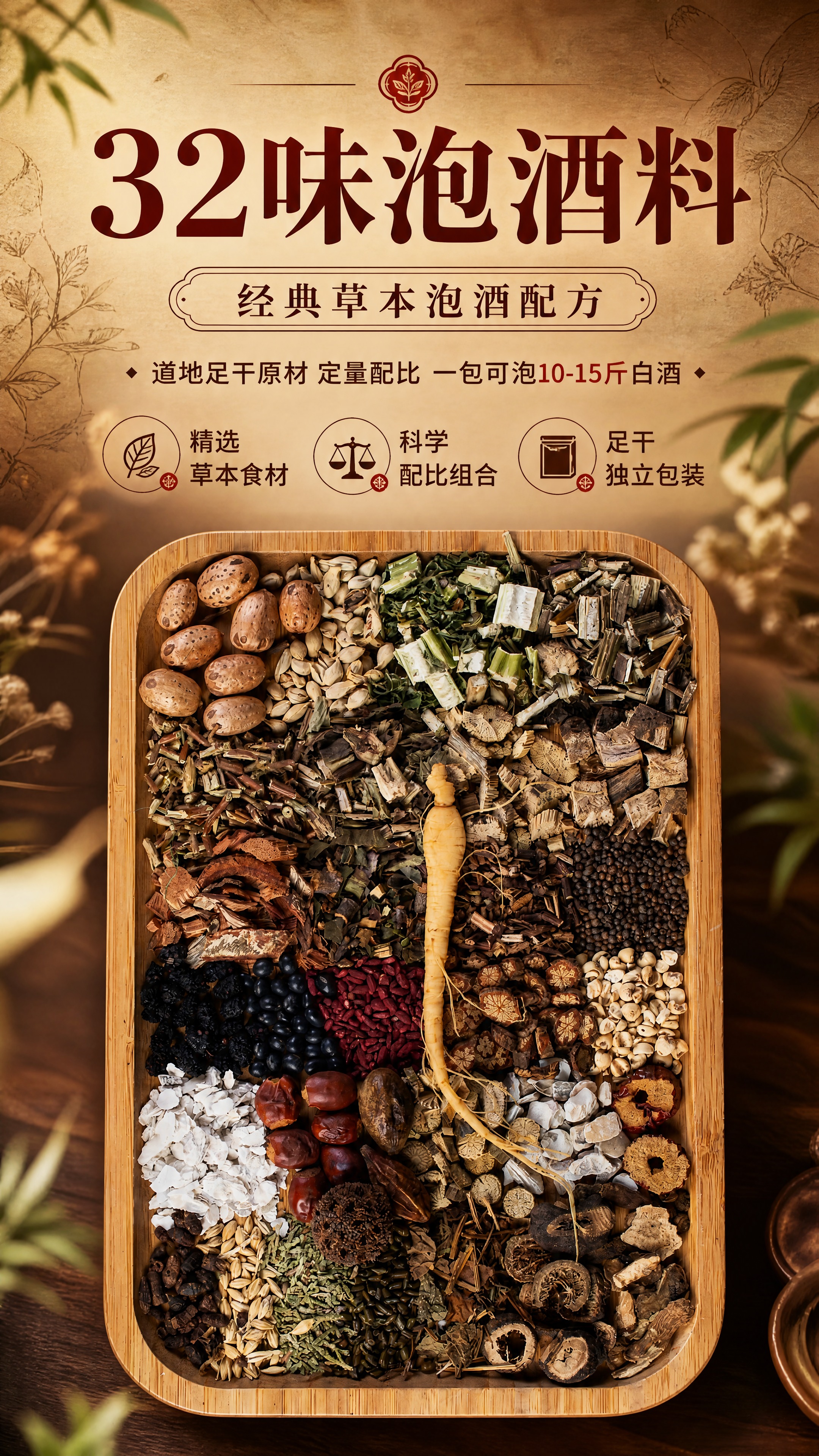 [商品] 使用【图1】32味泡酒料草本食材组合；保留竹制托盘、… - 图片创意预览
