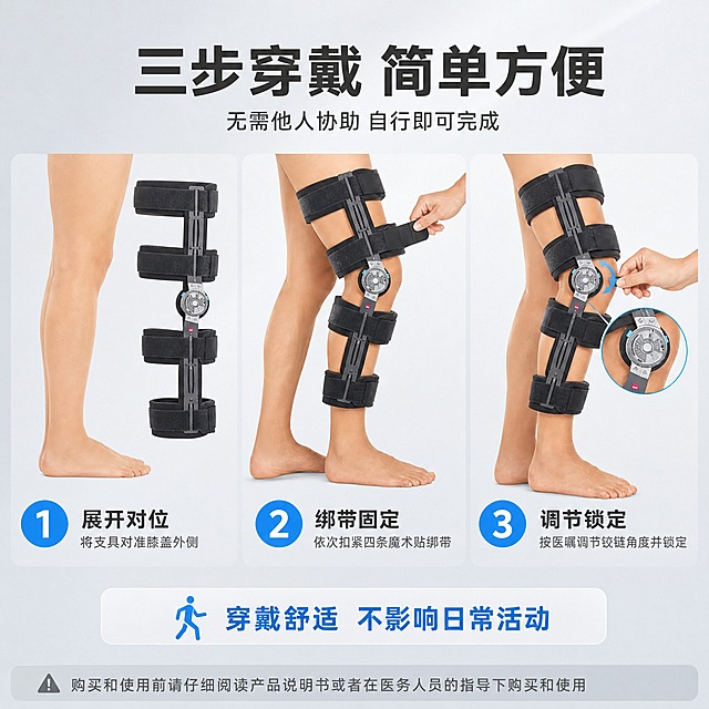 [主图-4] 穿戴简单操作说明图，用三步法展示穿戴流程，突出易用性卖点。
[统一基调] 淘宝/天猫专业品质风格，浅灰渐变医疗感背景，主色深蓝灰+科技蓝点缀，标题白色粗黑体，辅助文字深灰色，强调色为亮蓝色，整体干净专业、高端可信。
[画面] 画面上部为标题区，下部横向分为三个等宽步骤区域，每个区域展示一个穿戴步骤的示意图，配有步骤编号和说明文字。步骤1展示支具展开放在腿旁；步骤2展示绑带环绕腿部初步固定；步骤3展示调节铰链角度并锁紧完成穿戴。每个步骤图中产品外观保持一致：黑色绑带、灰色支架、银色铰链。
[光影质感] 统一的产品摄影质感，每个步骤图光线一致，产品清晰，步骤示意简洁明了，操作动作自然。
[配色] 背景浅灰，步骤编号亮蓝色圆形底白字，步骤标题深灰色，说明文字中灰色，清晰的步骤视觉引导。
[文字版式] 顶部大标题"三步穿戴 简单方便"，深灰色粗黑体；标题下方小字"无需他人协助 自行即可完成"；下部三个步骤横排：步骤1蓝色圆圈内"1"，下方标题"展开对位"，说明"将支具对准膝盖外侧"；步骤2蓝色圆圈内"2"，下方标题"绑带固定"，说明"依次扣紧四条魔术贴绑带"；步骤3蓝色圆圈内"3"，下方标题"调节锁定"，说明"按医嘱调节铰链角度并锁定"；底部加一行"穿戴舒适 不影响日常活动"；左下角警示说明区域，浅灰色半透明底条，内有小号黑色文字："购买和使用前请仔细阅读产品说明书或者在医务人员的指导下购买和使用"。
[输出要求] 1:1正方形比例，2K分辨率，步骤清晰，产品外观一致，文字清晰可读，无变形无错字，无水印无平台logo，操作说明直观易懂。