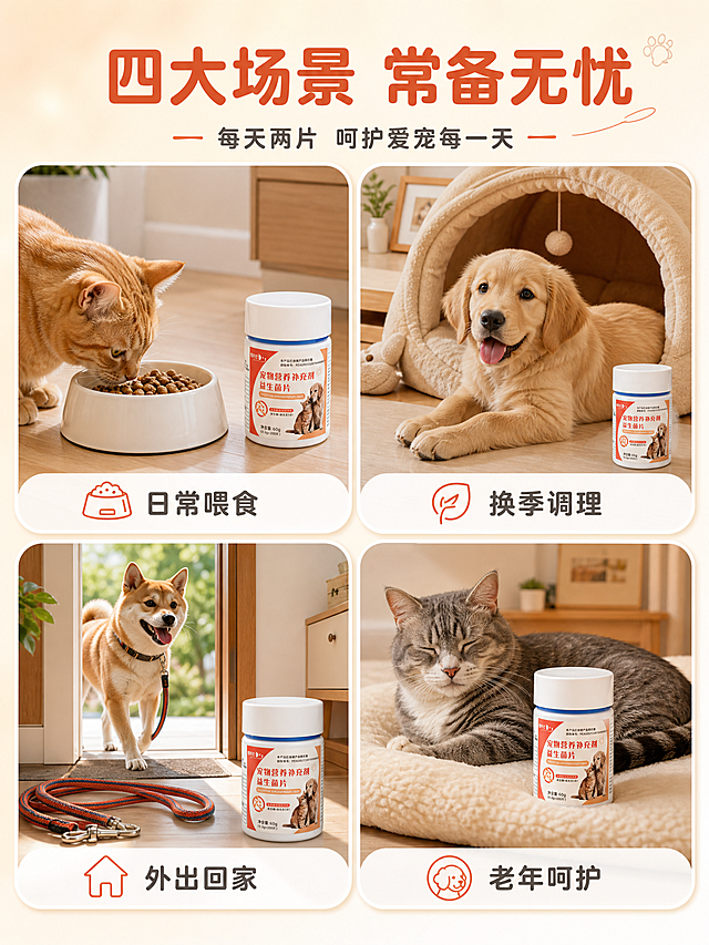 [商品] 使用【图1】尊养仕宠物益生菌片；保留瓶身外观、颜色、Logo和标签文字；每个场景卡片中产品以合适角度自然出现，保持真实感。
[画面] 页面目标：场景种草，展示多场景喂食适用。采用2×2圆角卡片拼图版式，共4个场景卡片。左上卡：居家日常喂食场景，猫碗旁放着产品瓶身，橘猫正靠近碗边。右上卡：换季调理场景，温馨宠物角，狗狗窝旁放着产品，金毛幼犬温顺趴着。左下卡：外出回家场景，玄关处放着产品和牵引绳，狗狗刚回家。右下卡：老年宠呵护场景，柔软垫子上放着产品，一只年长猫咪安静休息。每张卡片内产品清晰可辨，宠物状态自然健康。
[视觉] 套系策略：风格=国内电商高清实拍+温暖氛围感；标题字=圆润粗黑体 字形饱满亲和；正文字=简洁圆润无衬线体；主色=暖米白+浅橘橙；背景延展=暖米白做深浅渐变、柔光光斑、细腻纸张质感；强调色=橘红色 仅用于小面积图标、引线和标签；标题色=深橘红；正文色=中暖灰；组件=白色圆角卡片、细橘色引线、线性图标；光影=左前侧自然光柔光 各场景内光影统一柔和。
[文字] 顶部主标题「四大场景 常备无忧」，副标题「每天两片 呵护爱宠每一天」。每个场景卡片下方有小标题文字：「日常喂食」「换季调理」「外出回家」「老年呵护」。卡片内文字横排，字号适中，手机端清晰可读。
[规格] 比例3:4竖版，4K高清，负向：变形、错字、模糊、杂乱、水印、平台Logo、医疗功效宣称、宠物病态形象、冷色调场景。