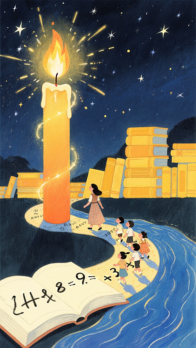 暖色调，夜晚天空闪着星星，画面视觉中心是一个巨大的蜡烛，蜡烛的火焰周围有闪耀能量粒子，把天空照的亮亮的，一位女教师正沿着由翻开书本变形而成的蜿蜒道路朝蜡烛向行走，书页上布满数学公式，书页的下面是笔墨一样的河流慢慢向前蔓延，老师胡后面跟着四五个小孩子，背景融入堆叠书籍，整体色调暖黄与暗部对比。人物再大一点
