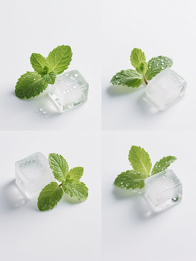 超写实摄影风格，纯白纯色背景，画面被平均分割为四个规整排布的素材区域，每个区域均保持简约现代的整体造型。每个区域中包含不同形态的新鲜薄荷叶和透明冰块组合，薄荷叶呈现鲜亮的嫩绿色，叶片纹理清晰可见，带有晶莹的水珠，冰块棱角分明，内部有细密的气泡和水珠凝结，展现出高度透明的质感和冰冷的视觉效果，整体光影自然柔和，色彩和谐统一，无任何文字、logo及水印。