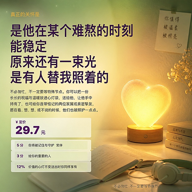[主图-2] 心灯福袋痛点共鸣图 焦虑低谷时的温暖陪伴。
[氛围风格] 温暖治愈 情感共鸣 深夜一盏灯的氛围感 浅绿与暖光渐变 有安抚感。
[画质] 商业设计质感 文字清晰 画面柔和有温度。
[元素] 画面左侧大段走心文案区 右侧有一盏暖黄色的心灯/小台灯插画 灯光柔和扩散 背景为深夜浅绿到暖黄的渐变 底部有淡淡的书本或耳机线条装饰 整体安静治愈。保持产品核心信息与输入图一致 文字内容准确。文字区占比约55% 画面满版无边框。
[光影] 右侧暖灯为主光源 光线向左柔和扩散 形成暖黄到浅绿的渐变过渡 整体偏暗但温暖 有深夜陪伴感 文字区域光照充足清晰可读。
[配色] 主色深绿到浅绿渐变背景 暖黄色灯光点缀 深紫色文字 白色辅助。
[视角构图] 左文右景构图 视觉重心在左侧文案 右侧灯光作视觉锚点 阅读动线从左上到右下。
[文字版式] 左上金色小字「真正的关怀是」 下方主文案「是他在某个难熬的时刻 能稳定 原来还有一束光 是有人替我照着的」深紫色大号字体 分行排列 有节奏感。底部小字「不必匆忙 不一定要等特殊节点」浅灰色 右对齐。所有文字清晰可读 不遮挡灯光主体。
[输出要求] 1:1比例 500x500像素 文字清晰可辨 高清商业设计质感。
[负向提示词] 变形 文字错乱 文字模糊 背景杂乱 水印 电商平台Logo 人物 商品实物图。
