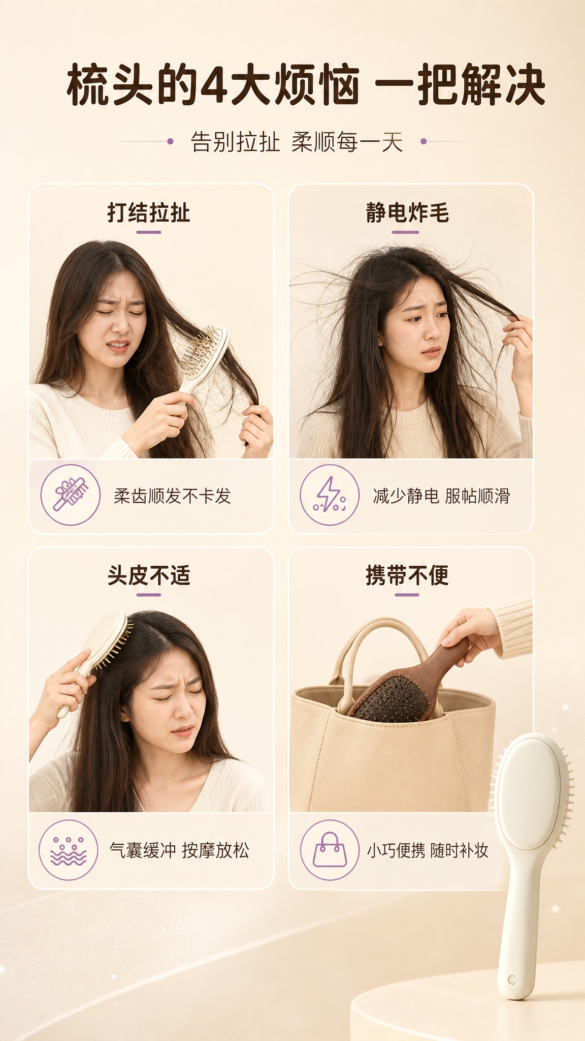 [商品] 使用【图1】奶白色椭圆长柄气囊梳；保留产品结构、颜色… - 图片创意预览
