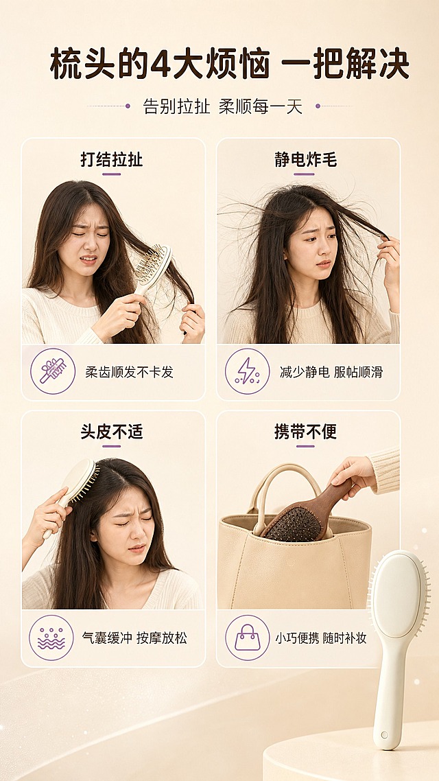 [商品] 使用【图1】奶白色椭圆长柄气囊梳；保留产品结构、颜色、材质和比例；作为解决方产品出现在画面右下区域，尺寸适中。
[画面] 目标：痛点与解决页，展示日常梳头4大痛点及气囊梳的解决方案。构图：2×2四宫格布局，每格一个痛点场景+对应解决图标，右下区域放置产品主体。景别：每格为中景小场景。阅读动线：从左上到右下。前中后景：每格独立小场景，背景统一奶杏色调。场景：左上=头发打结拉扯掉发（梳子卡发示意），右上=冬季静电炸毛（头发飞起示意），左下=梳发头皮疼痛（硬梳齿示意），右下=出门携带不便（大包塞不下示意）。
[视觉] 套系策略：风格=奶杏暖调极简高级商业摄影；标题字=圆润粗黑体；正文字=简洁无衬线体；主色=奶杏米白；背景延展=基于奶杏米白做深浅层级、同色渐变和细腻磨砂/纸张质感；强调色=豆沙紫，仅用于小面积图标、引线和标签点缀；标题色=深暖棕；正文色=中暖灰；组件=圆角浅底信息卡、细线分隔线；光影=左前侧45度暖柔光，右侧柔和补光。
[文字] 顶部主标题"梳头的4大烦恼 一把解决"，副标题"告别拉扯 柔顺每一天"；四宫格每格上方短痛点标题+下方对应解决说明，如左上"打结拉扯"→"柔齿顺发不卡发"，右上"静电炸毛"→"减少静电 服帖顺滑"，左下"头皮不适"→"气囊缓冲 按摩放松"，右下"携带不便"→"小巧便携 随时补妆"；文字全部横向排版，手机端可读。
[规格] 图片比例9:16竖版，4K，medium。避免变形、错字、文字过小、冷蓝/蓝灰背景、产品颜色改变、绝对化用语、夸张恐吓画面。