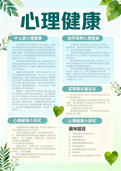 一份关于心理健康的电子小报设计，A3尺寸，清晰排版布局，包含大标题"心理健康"，多个内容文字分区，搭配简约清新的绿植心理元素装饰，配色明亮舒缓，干净整洁的电子小报风格预览效果