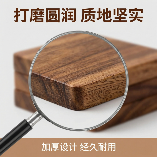 [主图 3] 材质细节展示图
[氛围/风格] 特写质感，真实自然。
[画面元素] 放大展示相思木杯垫的边缘和木纹细节，添加圆形放大镜效果框，框内清晰展示木材致密的天然纹理，框外轻微虚化，背景为浅灰色，预览效果