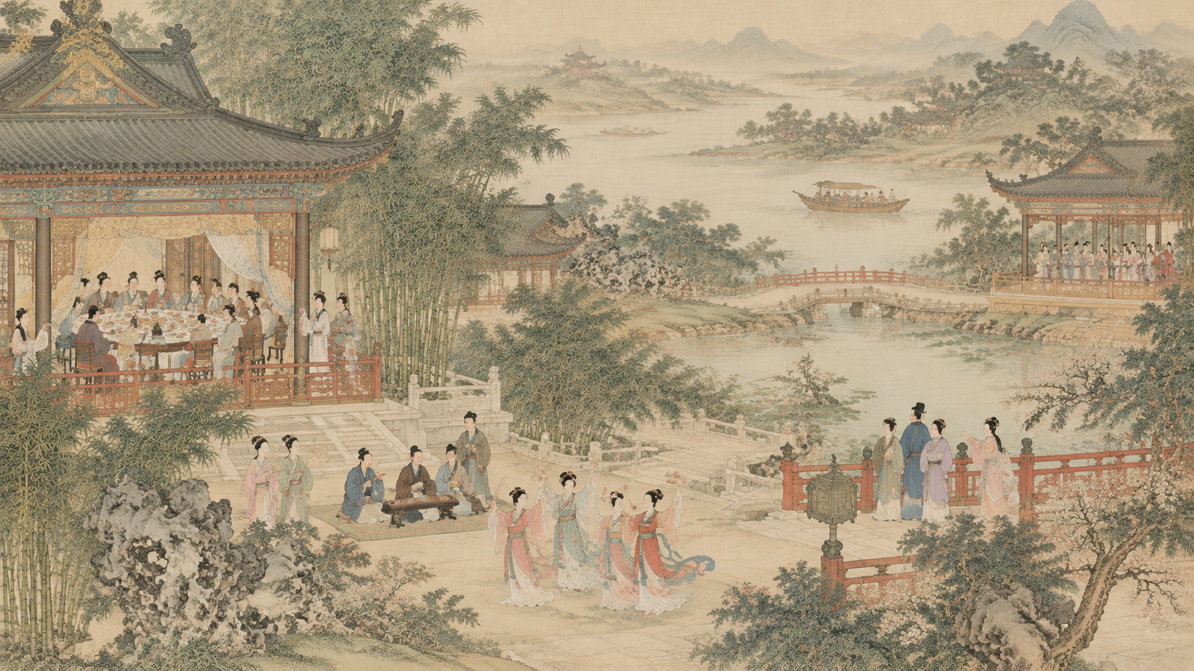 参考图片的中国传统工笔画风格，重新生成一幅古典园林宴饮场景的画… - 图片创意预览