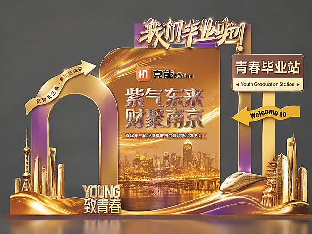 参考第一张图的拱形KT板结构和形式，结合第二张参考图的金紫色渐变立体字、暖金色城市背景风格，做一个高级丰富的拍照互动活动美陈KT板，画质清晰，背景干净，保留拱门结构、主背景板和指示牌的整体布局，使用金紫色金属立体字和暖金色城市夜景元素替换原有配色和图案，整体风格高级商务