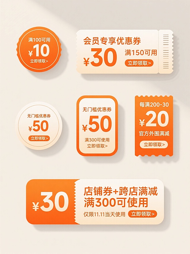 六个不同配色、不同样式、不同材质的优惠券造型，采用上下两行对齐排列在浅色背景上。整体为简约扁平风格，主色调为橙色系与米白色搭配，色彩和谐明快，光影处理简洁柔和无明显阴影。上方第一行从左到右分别是：圆形券，橙色边框内有“满100可用 ¥10 立即领取>”文字；长方形带票根券，米白色底橙色文字“会员专享优惠券 ¥30 满150可用 立即领取>”。下方第二行从左到右分别是：带圆角的长方形券，橙色边框米白底“无门槛优惠券 ¥50 满300可使用 立即领取>”；橙色长方形券“¥20 每满200-30 官方外围满减 立即领取>”；底部为一个横向较长的长方形券，左侧橙色底白色“¥30”，右侧米白底橙色文字“店铺券+跨店满减 满300可使用 仅限11.11当天使用 立即领取>”。所有券面文字均为清晰的无衬线字体，排版简洁信息明确，视觉层级分明，突出金额和“立即领取”按钮，整体设计具有现代电商优惠券的典型特征，氛围明快促销感强。