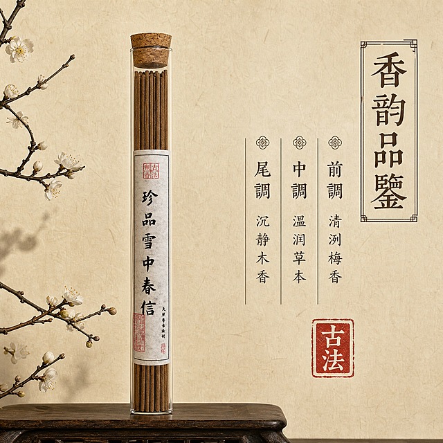 [主图-4] 雪中春信古方线香 香韵层次与品鉴说明图。
[统一基调] 东方雅致中式禅意风格，古朴高级质感，主色调为深木色+米白宣纸色+朱砂红点缀，标题用宋体书法风格大字，辅助文字用简洁宋体，整体温润内敛有书卷气。
[画面] 雪中春信线香玻璃管竖放在画面中央偏左，右侧以竖排古籍版式呈现香韵品鉴信息。背景为浅米色宣纸纹理，底部有深色实木台面承托。画面点缀梅花枝桠剪影，呼应"雪中春信"品名。主体产品占画面45%。
[光影质感] 均匀柔和的正面光，产品立体感强，宣纸背景有细微纹理质感，整体平整干净。
[配色] 米白宣纸底、深棕文字、朱砂红印章点缀、线香棕褐色。
[文字版式] 右侧竖排主标题"香韵品鉴"，下方分三列竖排小字："前调 清冽梅香""中调 温润草本""尾调 沉静木香"，底部有一枚朱砂红印章样式的"古法"字样。文字排版仿古籍版式。
[输出要求] 1:1正方形，2048x2048，产品清晰，文字排版工整有古韵，无错字变形，无水印无平台logo。