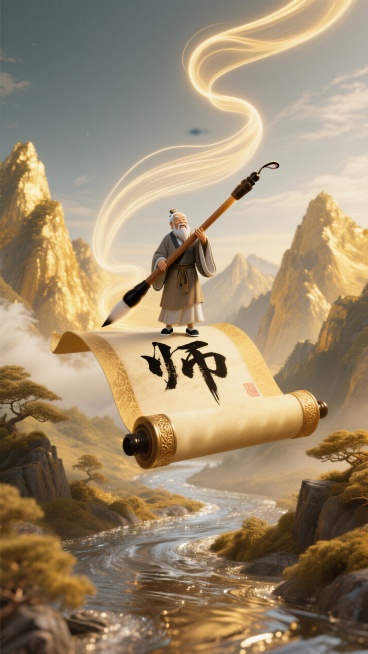 磅礴金黄的山脉间：一个以动态感强的巨型且精致的卷轴展开漂浮在空中，一个微缩老夫子（站在卷轴上）拿着巨型毛笔写“师”，动态的流光线条延伸至空中；金属质感的河水流经群山。整体暖黄色调、明亮氛围。预览效果