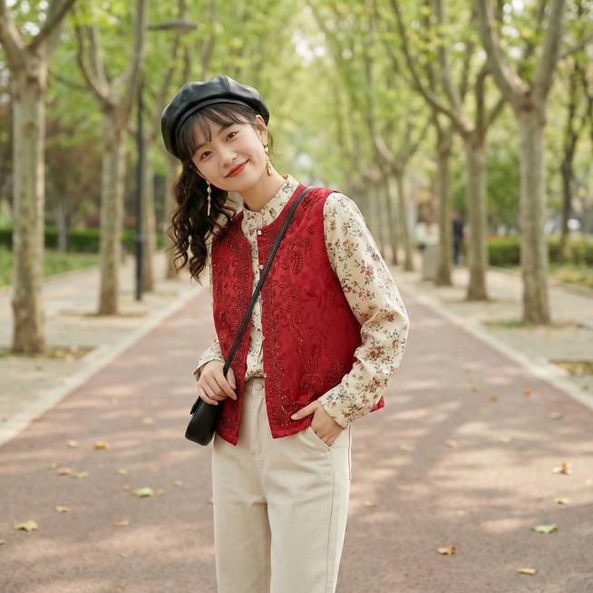 同一个长相甜美的年轻东亚女生，年龄20-25岁，身穿图中这件红色提花烫钻马甲，搭配浅卡其色直筒休闲裤和米白碎花立领衬衫，上衣不塞下装。女生留高马尾，发尾烫出自然弧度，额前留碎刘海，头戴黑色皮质贝雷帽，预览效果