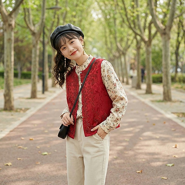 同一个长相甜美的年轻东亚女生，年龄20-25岁，身穿图中这件红色提花烫钻马甲，搭配浅卡其色直筒休闲裤和米白碎花立领衬衫，上衣不塞下装。女生留高马尾，发尾烫出自然弧度，额前留碎刘海，头戴黑色皮质贝雷帽，佩戴金色长款耳环，斜挎黑色小方包。清透自然淡妆，嘴角噙着温柔笑意。女生做单手插裤袋摆拍动作，这是一张全身人物特写图片，从左侧45度角度拍摄，背景为春日公园林荫道，两侧是嫩绿梧桐树，地面散落少量落叶。自然柔和的日间散射日光，整体暖调通透，没有生硬阴影，色彩温润自然，人物对焦精准，皮肤质感真实细腻，整体充满松弛慵懒的春日日常感，生活气息浓郁