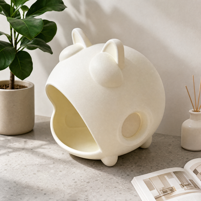商业级产品摄影。
主体：猫窝严格参照上传产品图，完整保留所有可见组件、部件、轮廓、结构、比例、材质、颜色与产品本体上的文字信息，与上传图完全一致。产品占画面60%~70%，完整不裁切，近景构图，产品作预览效果