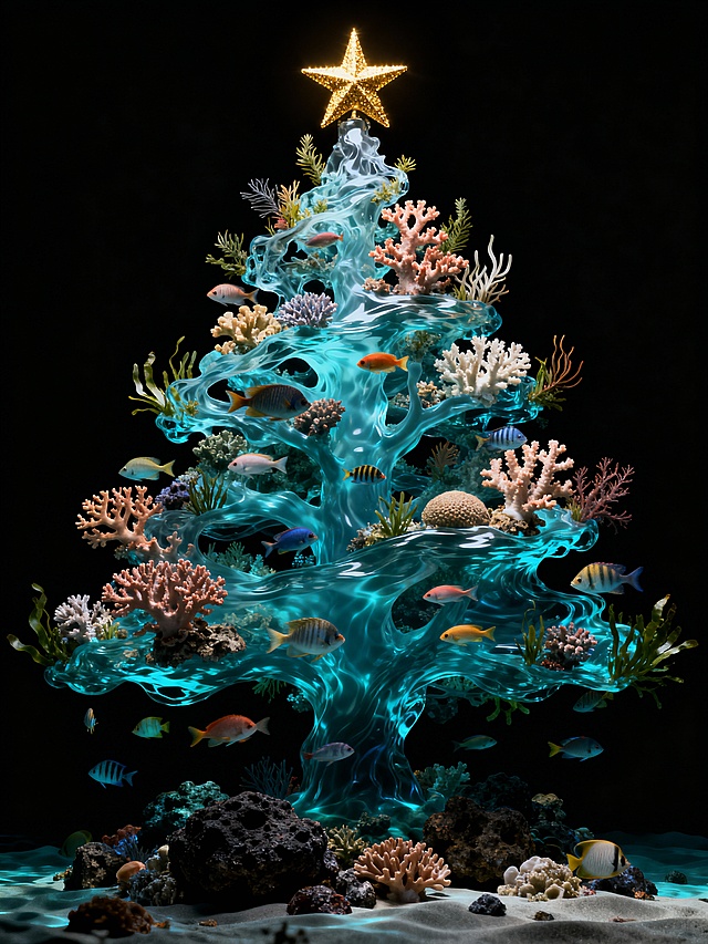 梦幻感与清透感交织的3D虚拟自然圣诞树，以液态玻璃风呈现，珊瑚鱼群环绕，星顶闪耀，节日氛围跃然于海底奇境。