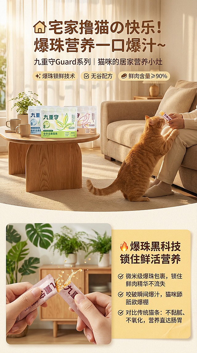 用上传的图生成详情九重守Guard系列爆珠猫条/罐头 家居温馨风详情长图
 
（整体色调：暖米色+奶油白+浅咖色，穿插原木色家居元素，画面柔和治愈，突出「居家投喂」的温馨感）
 
 
 
首屏：视觉焦点+核心卖点
 
主图：阳光洒进的原木风客厅，浅咖色布艺沙发旁，矮脚茶几上摆着九重守Guard系列爆珠猫条/罐头，一只橘猫正仰头蹭主人的手，主人手里捏着一根猫条，爆珠的晶莹感在光线下超明显
主标题：🏠 宅家撸猫の快乐！爆珠营养一口爆汁~
副标题：九重守Guard系列 | 猫咪的居家营养小灶
卖点标签：✨ 爆珠锁鲜技术 ✅ 无谷配方 🥩 鲜肉含量≥90%
 
 
 
第二屏：爆珠核心技术可视化
 
左侧：特写镜头——掰开猫条，饱满的爆珠瞬间爆开，汁水四溢，背景是原木餐边柜+绿植盆栽
右侧文案区（暖黄色卡片底纹）：
🔥 爆珠黑科技 锁住鲜活营养
✔ 微米级爆珠包裹，锁住鲜肉精华不流失
✔ 咬破瞬间爆汁，猫咪舔舐欲爆棚
✔ 对比传统猫条：不黏腻、不氧化，营养直达肠胃
