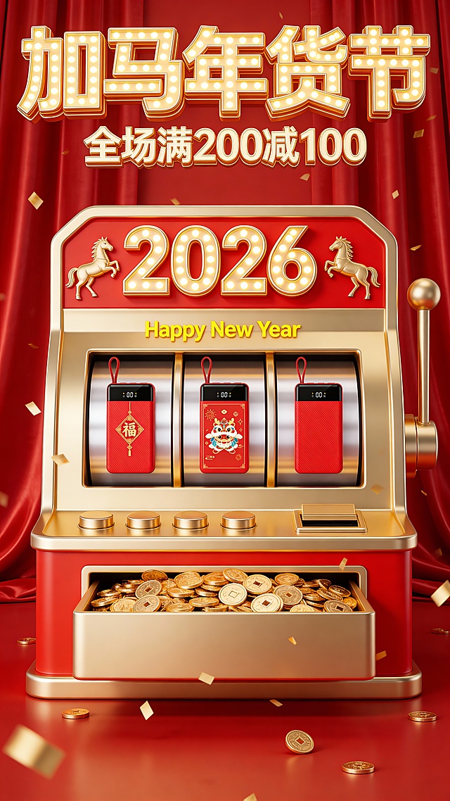 3D写实风，视觉中心是一台老虎机造型装置（正面视角，金属材质金红配色，机器上装饰“2026”立体数字、小金马，机器中部装饰“Happy New Year”黄色小字，机器底部吐出大量金币），机器滚轮区是图中商品。背景是红色光泽幕布，周围散落金色碎片。顶部金色3D灯牌标题“加马年货节”，副标题3d金色小字“全场满200减100”。