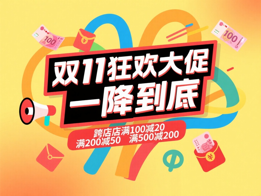 主标题“双11狂欢大促一降到底” ，搭配 “跨店满 100 减 20”“满200减50”“满500减200” 红色副标题框，点缀优惠券、喇叭，人民币100元，红包等促销小元素，背景为黄色渐变，促销氛围预览效果
