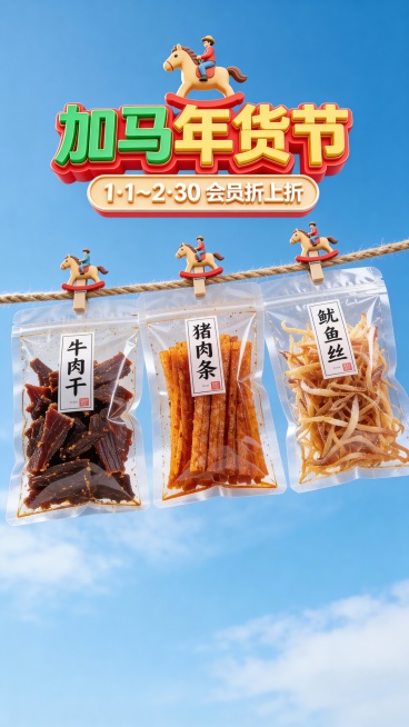 写实风，轻微仰拍视角，主体位于画面中心，被小马造型的夹子在一根麻绳上，主体占画面比60%，保持主体特征不变。高饱和暖色调，户外蓝色天空，清新趣味感氛围，顶部主标题为3D红绿黄配色标题“加马年货节”（骑预览效果