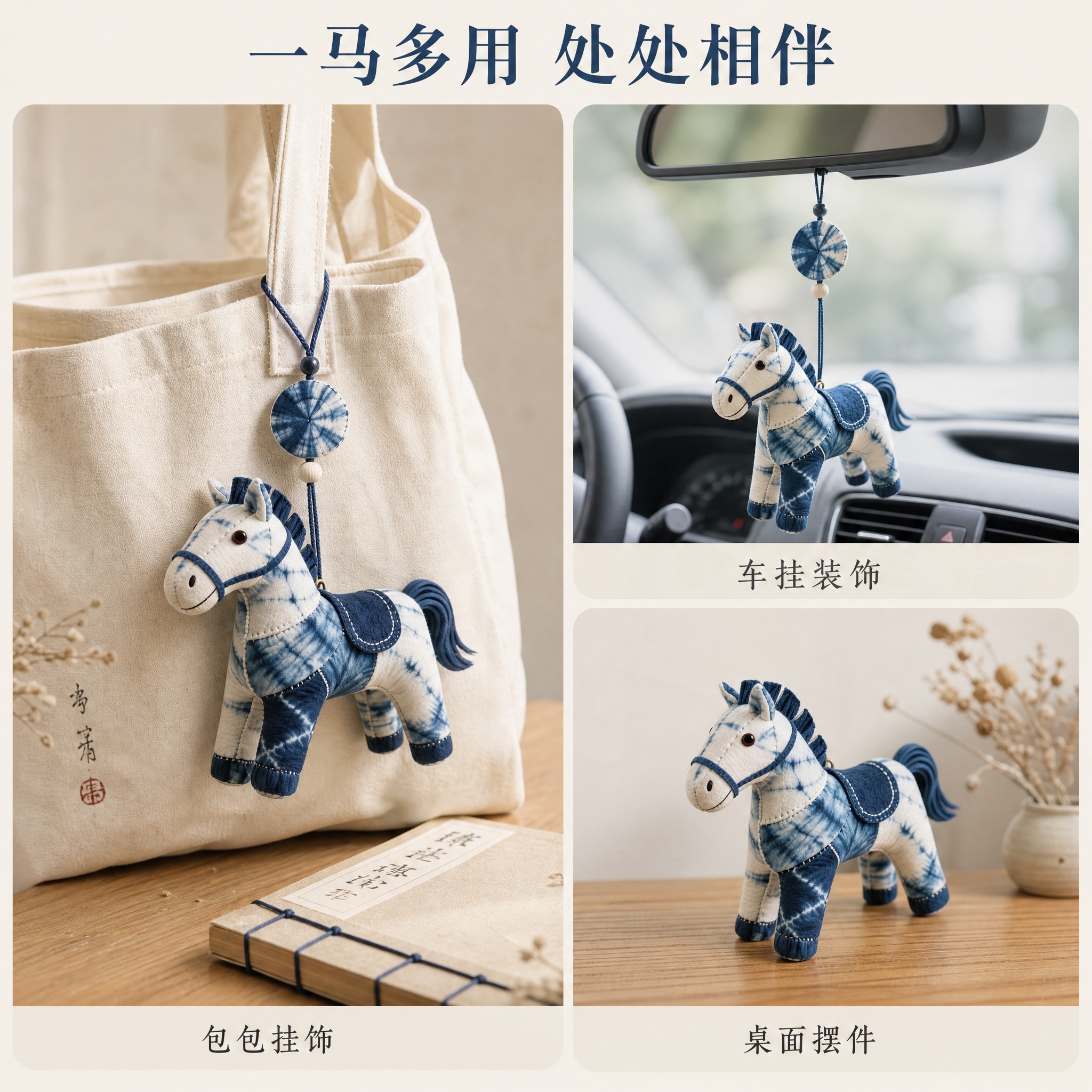 [主图-4] 蓝染扎染布艺小马挂件 真实使用场景 可挂可摆两用… - 图片创意预览