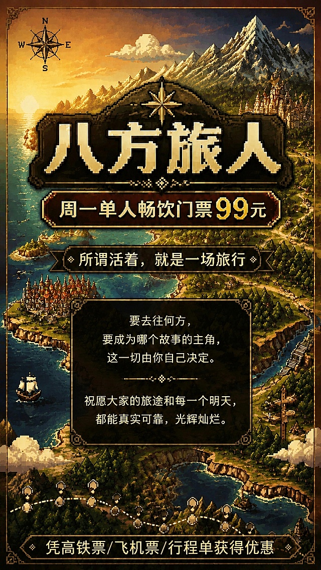 在现有八方旅人像素风活动海报底部，增加一行像素风格文字"凭高铁票/飞机票/行程单获得优惠"，保留原海报全部内容、复古像素RPG风格、像素冒险地图背景和所有原有文字，不改变排版，仅在底部空白区域新增这行文字，保持像素风格统一，所有数字精确渲染，9:16竖版