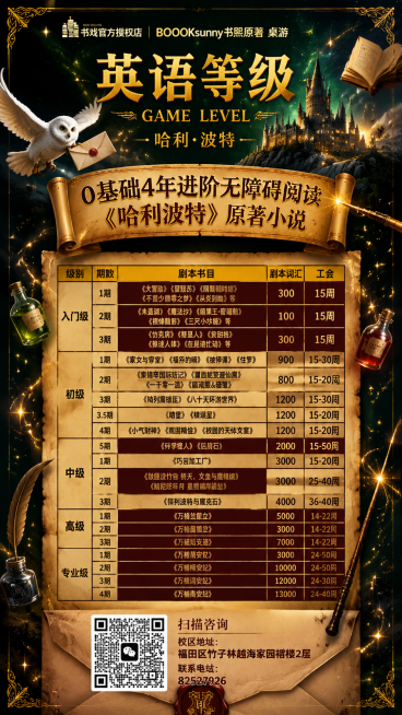 生成一张哈利波特魔法风的英语等级学习易拉宝海报，比例尺寸为80:180，参考参考图的布局，核心保留表格（表格含级别、期数、剧本书目、剧本词汇、工会列）；替换顶部LOGO为图片2的【书戏官方授权店BOO预览效果