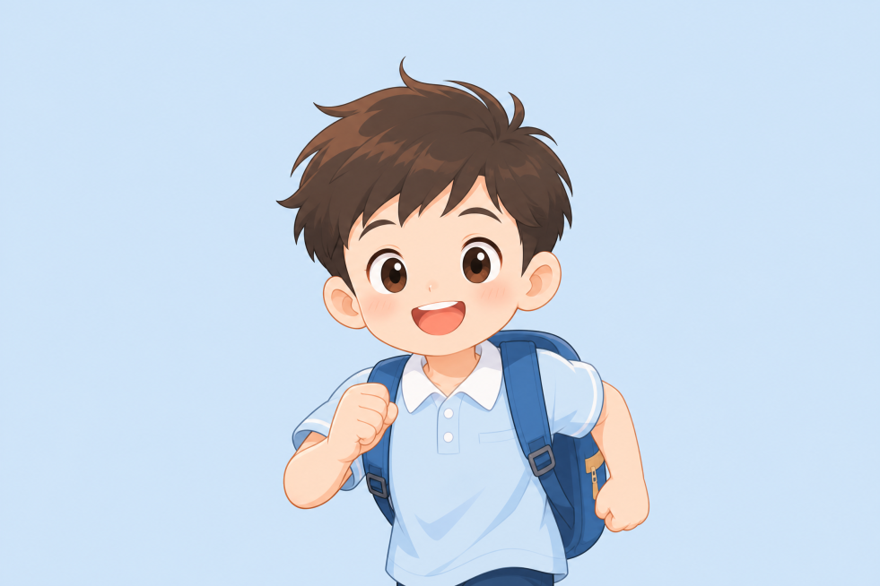 小程序课程封面，纯色淡蓝色背景，卡通小男孩背书包正面朝前方奔跑，居中半身卡通照，设计简洁清晰预览效果